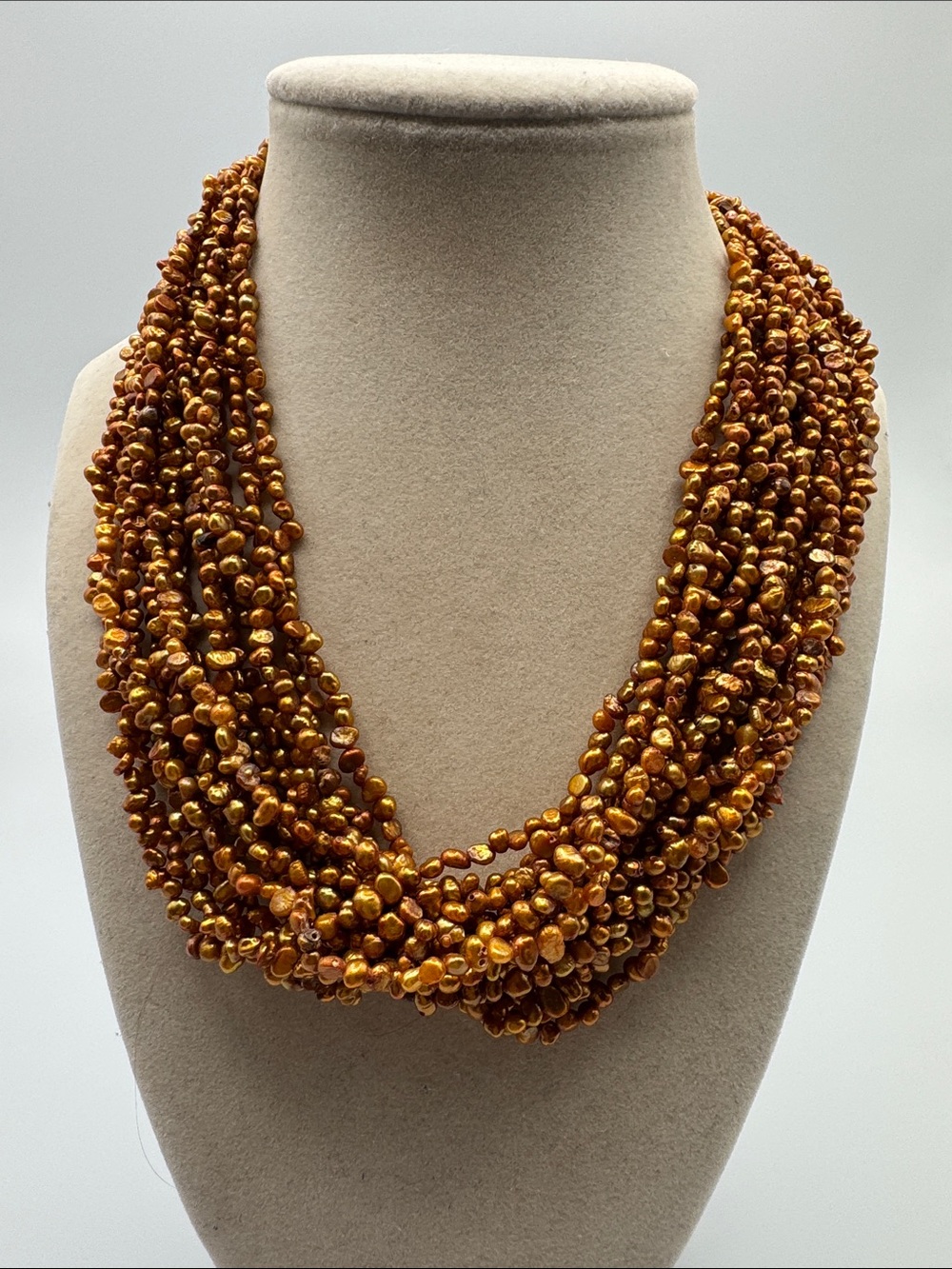 Genuine Freshwater Pearl Multi Strand Statement Necklace Gold Bronze Torsade